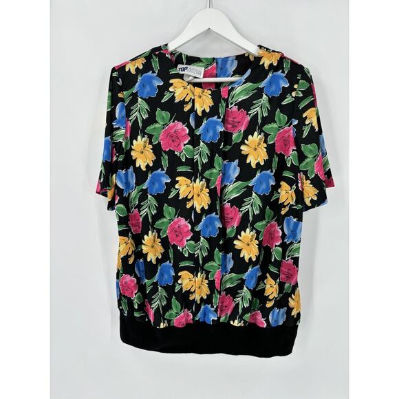 Top Notch Vintage Blouse Womens 20W Black Floral Print Short Sleeves Pleated - Picture 1 of 16
